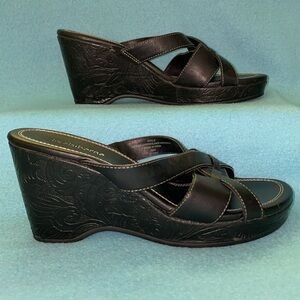 LIZ CLAIBORNE Seville leather wedge black strap chunky summer sandals size 6.5 M